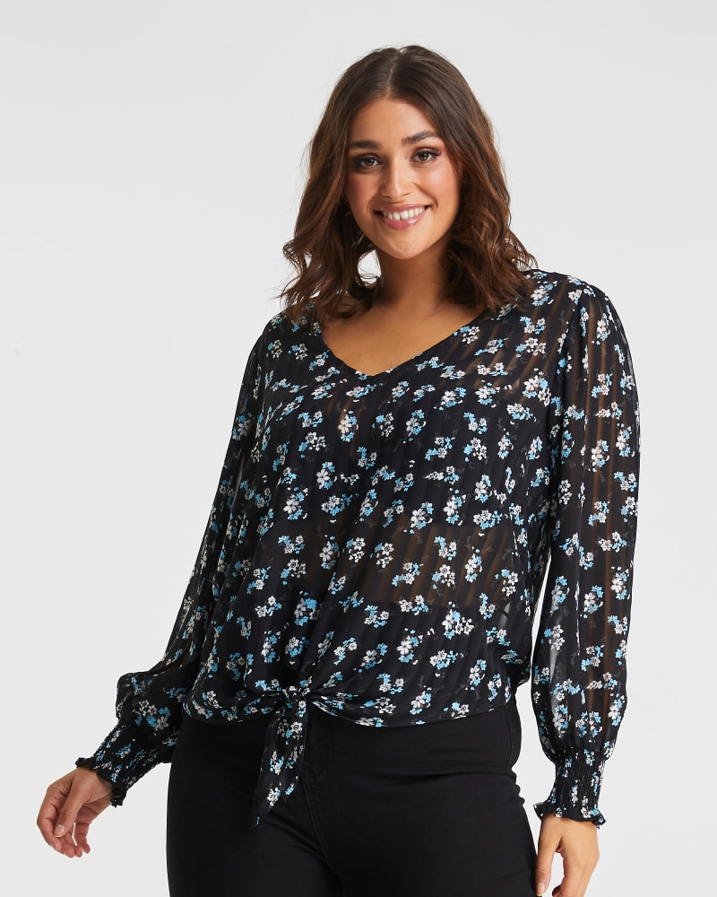 Front of a model wearing a size 1X Forget-Me-Not Top in Print by Estelle. | dia_product_style_image_id:264217